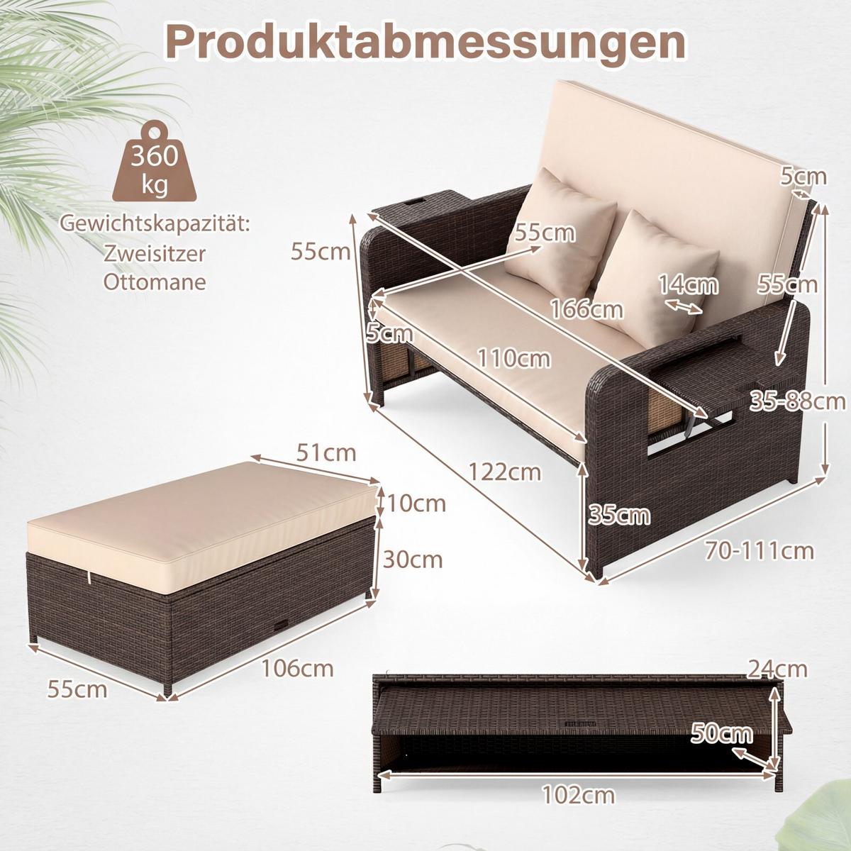 SONNENLIEGE mit Hocker und Stauraum braun - Braun, Metall (166/55/111cm) - COSTWAY