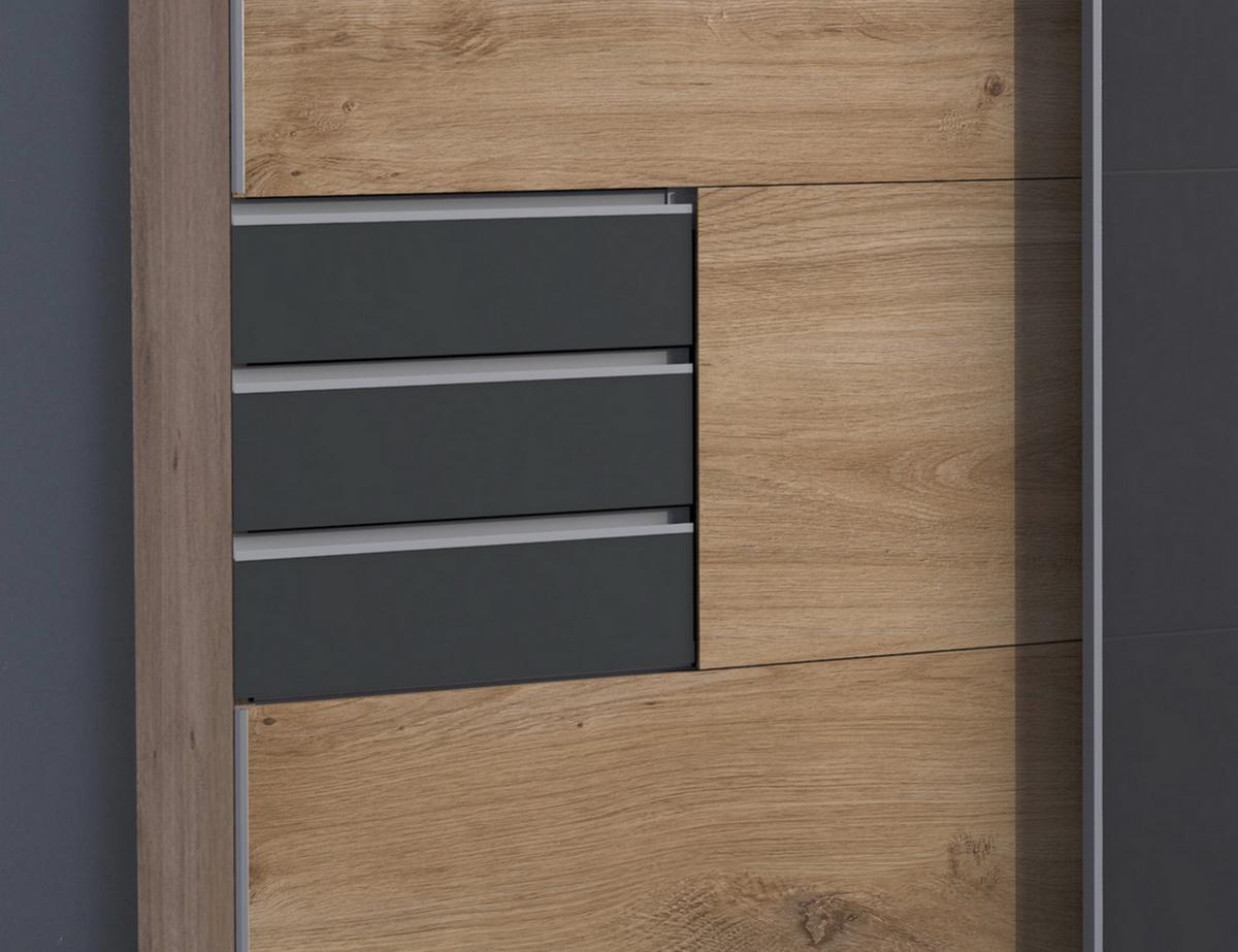 SCHWEBETÜRENSCHRANK 3-türig B270/H208/64 cm, Eiche Dekor, Mitteltür Glas Grau, Kleiderschrank mit Schubladen in Grafit & Vollausstattung / 22611 - Eichefarben/Alufarben, Holzwerkstoff/Metall (270/208/64cm) - luma-home