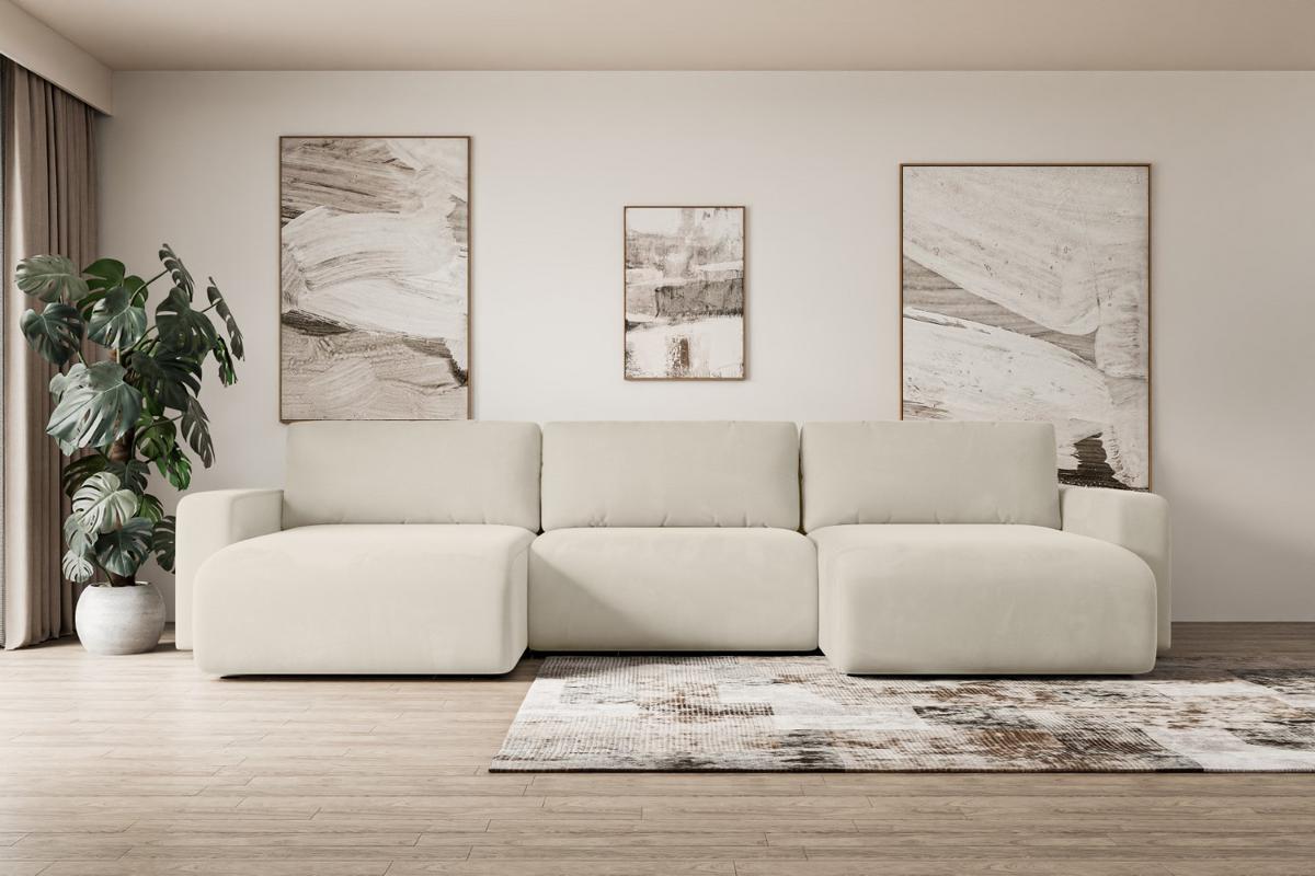 WOHNLANDSCHAFT mit Schlaffunktion und Bettkasten KLEEA-U - 347x143x83 cm Beige Velours - Beige/Creme, Holzwerkstoff/Kunststoff (347/83/143cm) - ALTDECOR