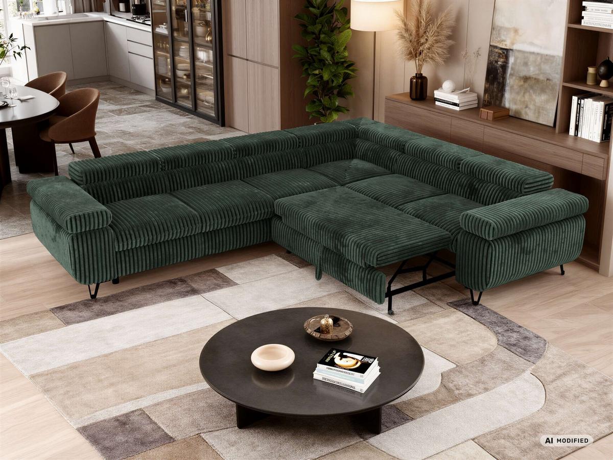 ECKSOFA NORDEN L - Dunkelgrün Cord - Links Seite - Dunkelgrün/Schwarz, Textil/Metall (269/329cm) - MKS