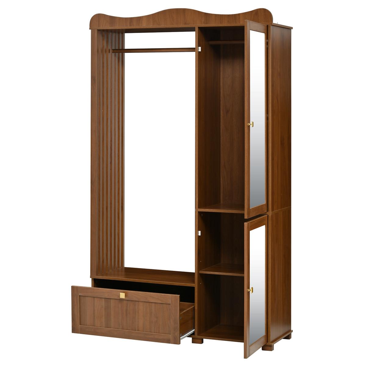GARDEROBENSCHRANK in walnuss-optik mit spiegel & kleiderstange - Walnussfarben, Holzwerkstoff (115.5/194.5/38.5cm) - Urban Meuble
