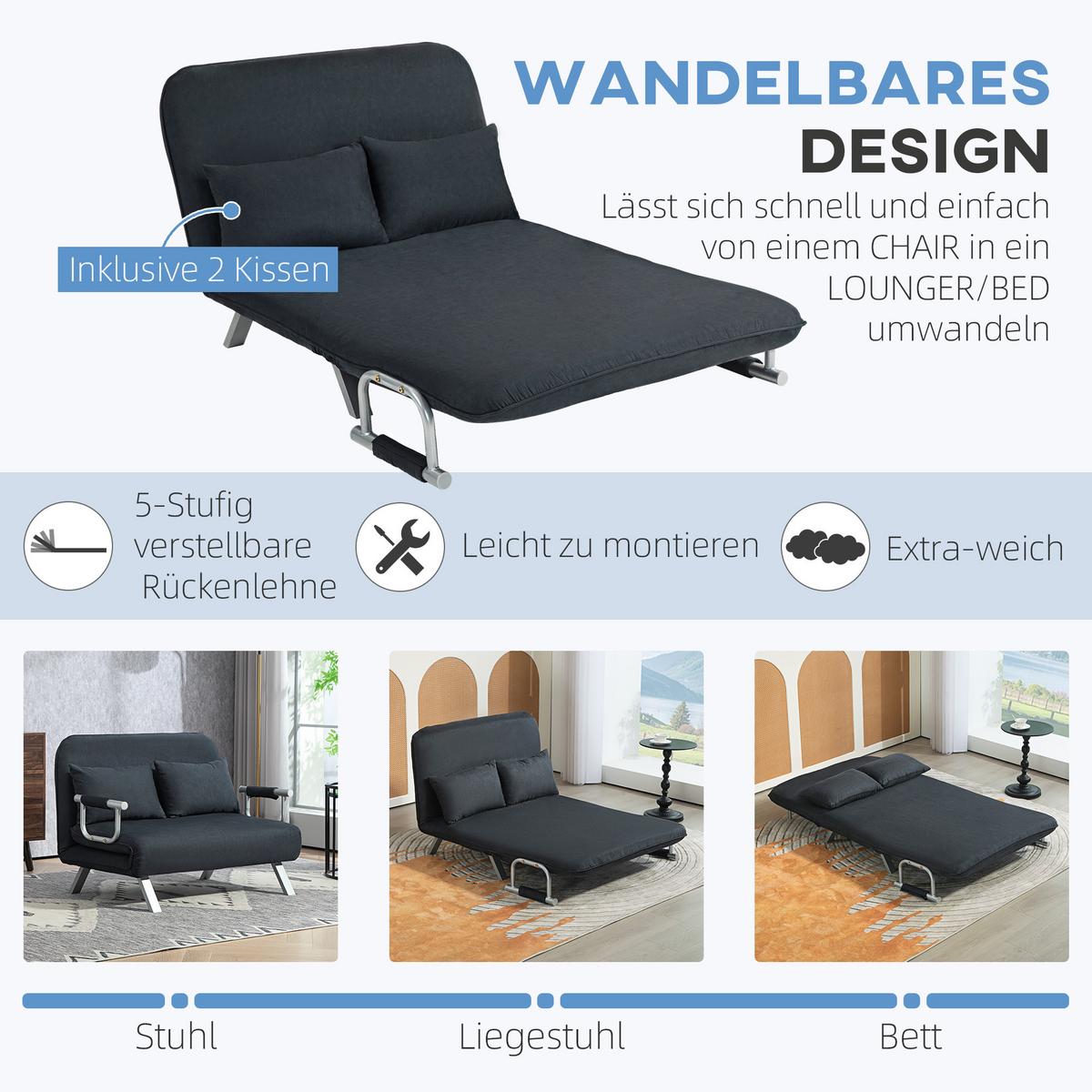 2-SITZER Sofa mit Schlaffunktion, Schlafsofa mit Verstellbarer Rückenlehne - Silberfarben/Schwarz, Textil/Metall (80/78/111cm) - HOMCOM