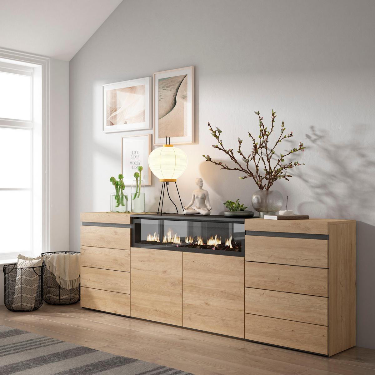 KOMMODE mit Schubladen, Elektrokamin, eiche, 214/35/75cm - Eichefarben/Beige, Holzwerkstoff (214/75/35cm) - Skraut Home