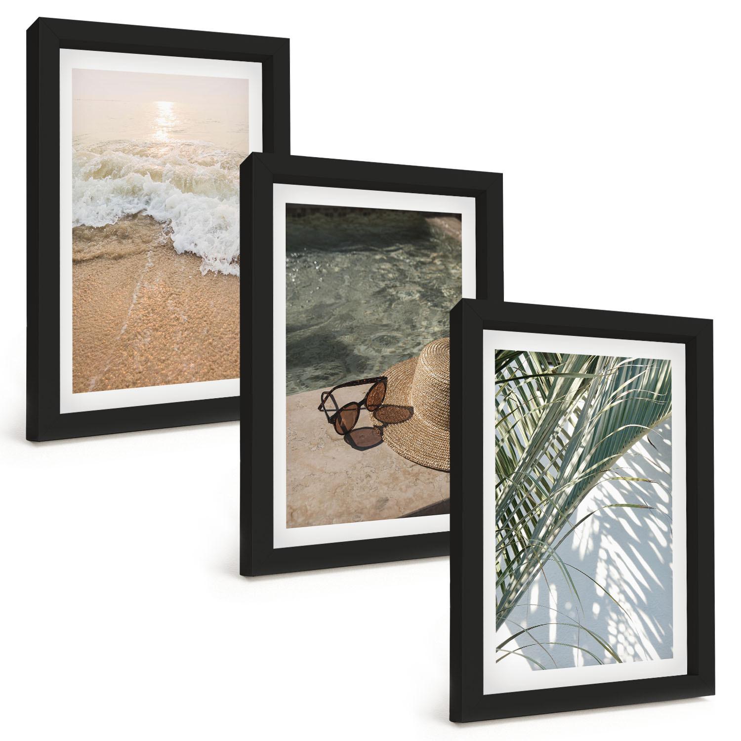 BILDER SET 3er Set - 20x30 cm Schwarzer Rahmen - Strandhut und Sonnenbrille - Schwarz, Kunststoff (20/30cm) - TULUP