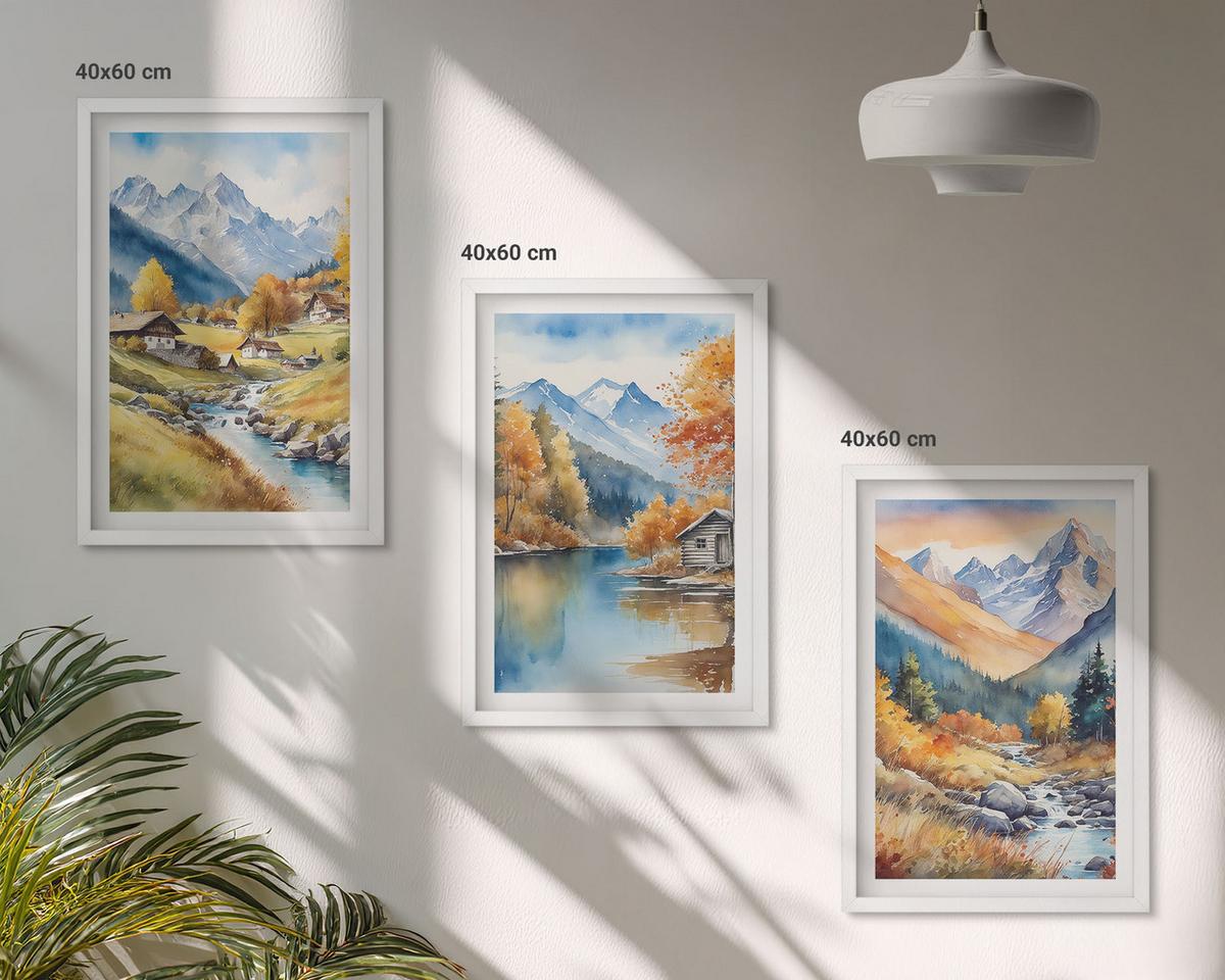 BILDER SET 3er Set - 40x60 cm Weißer Rahmen - Herbstliche Berge, Flusshäuser - Weiß, Kunststoff (40/60cm) - TULUP