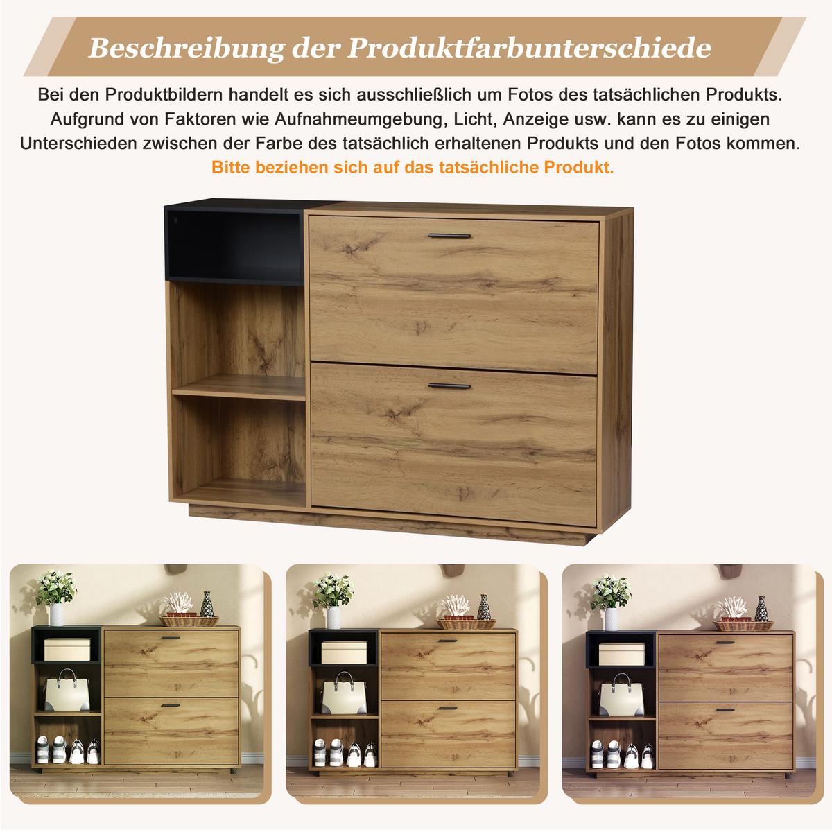 SCHUHESCHRANK mit 3 offene Fächer & 2 Klappfächer Natur+Schwarz - Naturfarben, Holzwerkstoff (120/84.5/32cm) - Urban Meuble