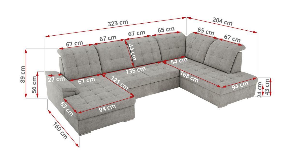 WOHNLANDSCHAFT MADRITO U - Hellgrau Struktur - Links - Silberfarben/Hellgrau, Textil/Metall (204/89/323cm) - MKS