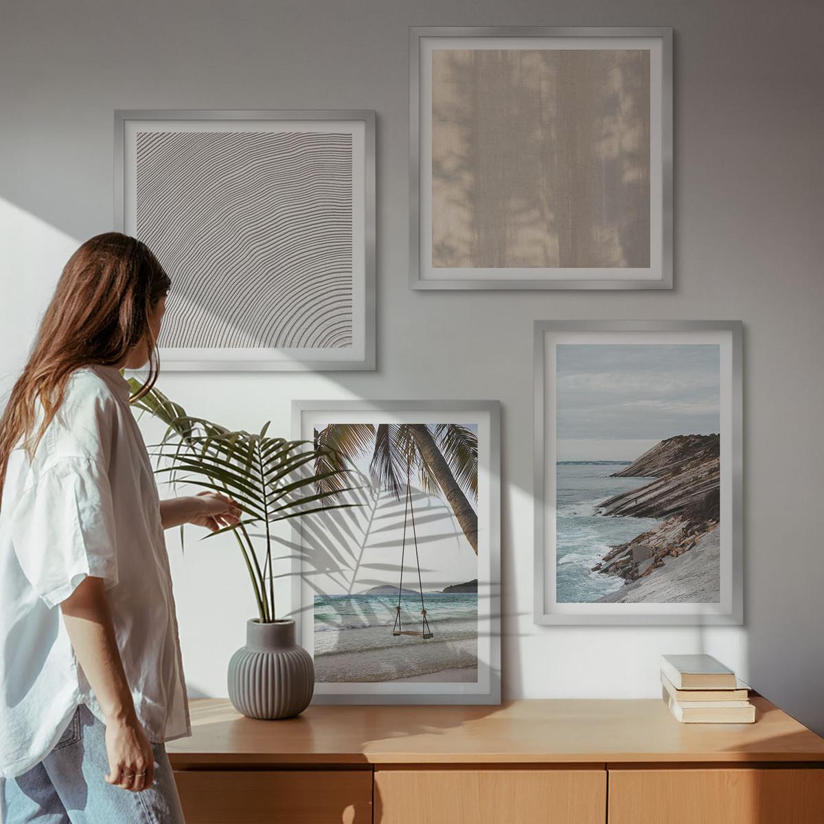 BILDER SET 4er Set - 50x50 cm & 40x60 cm Silberner Rahmen - Sommerlicher Sandstrand mit Meerblick - Silberfarben, Kunststoff (50/50cm) - TULUP