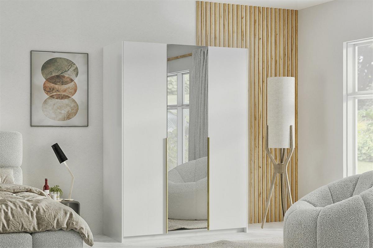 DREHTÜRENSCHRANK THALIA 148/204/58cm 3-türig mit Spiegel Weiß - Weiß, Holzwerkstoff (148/204/58cm) - MASSENO