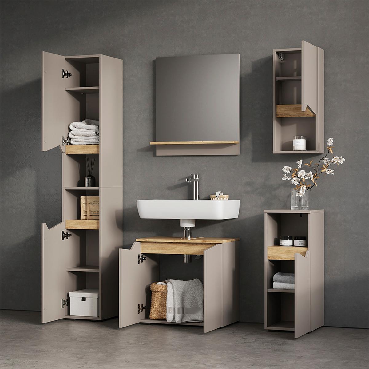 BADMÖBEL-KOMBINATION Timavo Greige 5 Teile - Greige, Holzwerkstoff (60/57/35cm) - Livinity®