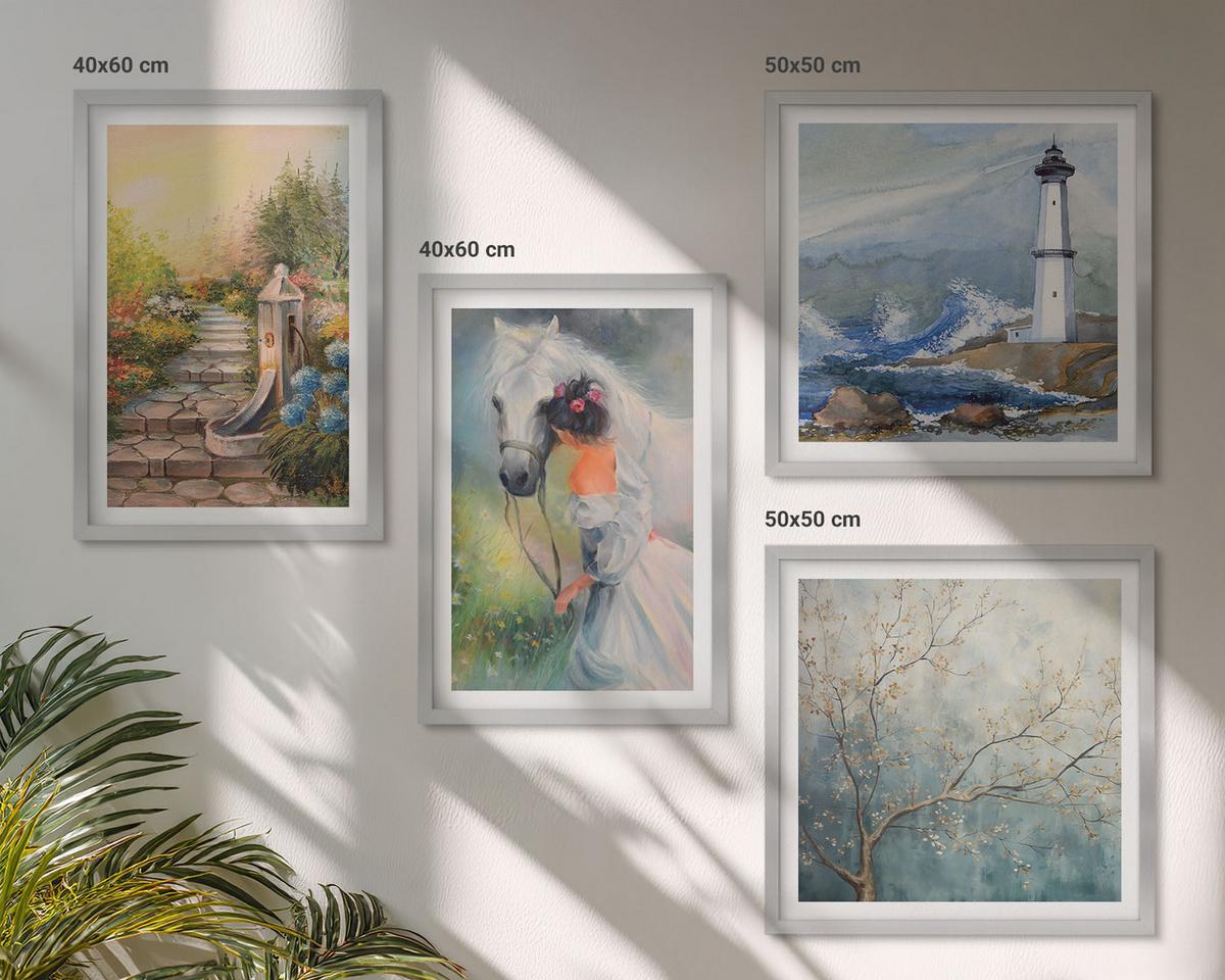 BILDER SET 4er Set - 50x50 cm & 40x60 cm Silberner Rahmen - Leuchtturm, Landschaft, Mädchen, Pferd - Silberfarben, Kunststoff (50/50cm) - TULUP