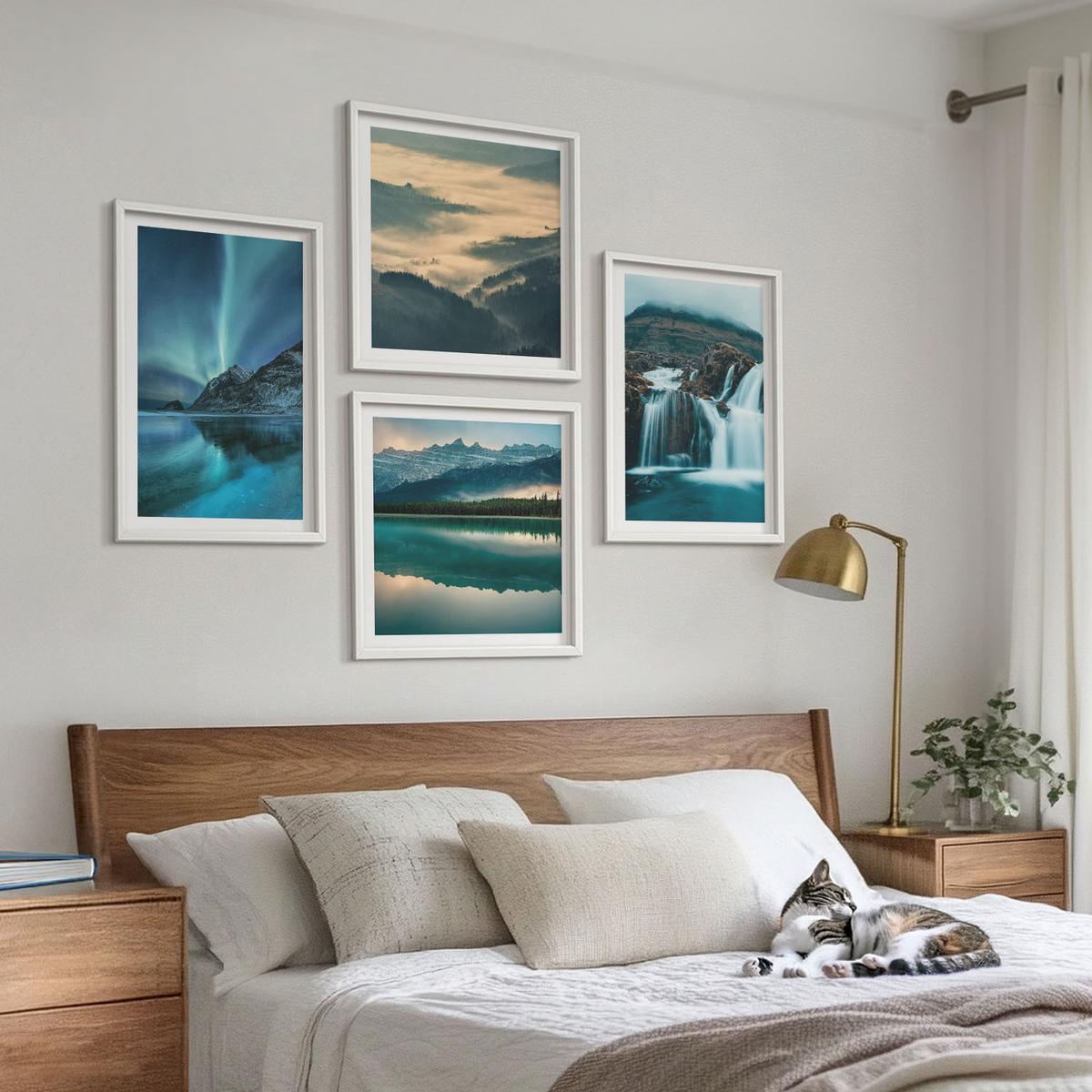BILDER SET 4er Set - 50x50 cm & 40x60 cm Weißer Rahmen - Winterlandschaften, Wasserfälle, Nordlichter - Weiß, Kunststoff (50/50cm) - TULUP