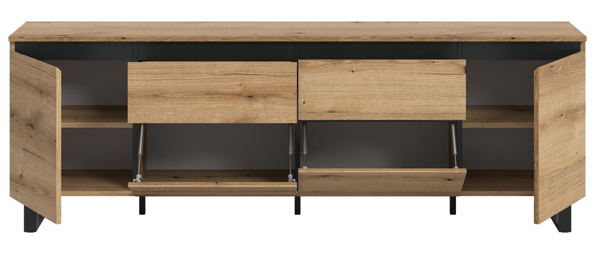 TV-LOWBOARD Evoke Eiche, schwarz, TV Unterschrank 188 x 65 cm, Soft-Close und Komforthöhe - Eichefarben/Schwarz, Holzwerkstoff/Metall (188/65/36cm) - Inn.Furn