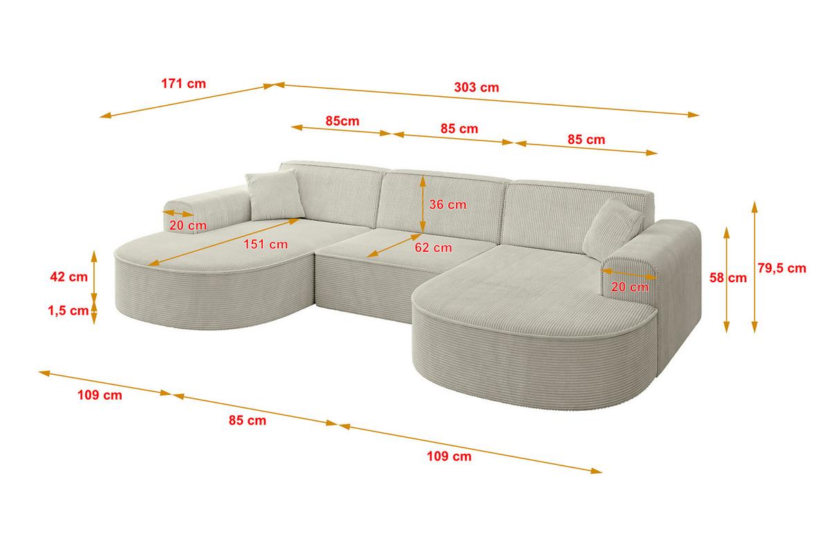 WOHNLANDSCHAFT MARI-U1 - 303x171x79 cm Creme Cord - Hellgrau/Creme, Holzwerkstoff/Kunststoff (303/79/171cm) - ALTDECOR