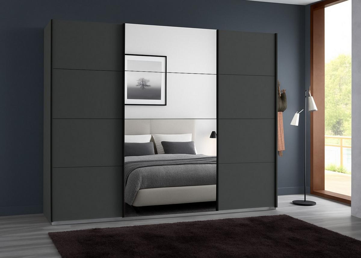 SCHWEBETÜRENSCHRANK 3-türig B225/H208/T64 cm in Grafit, Kleiderschrank mit einer Spiegeltür / 22519 - Edelstahlfarben/Graphitfarben, Holzwerkstoff/Metall (225/208/64cm) - luma-home