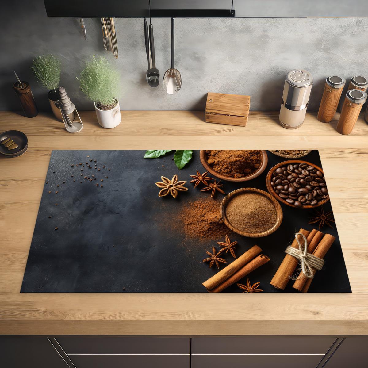HERDABDECKPLATTE Zimt - Beton - Kaffee - Zimtstangen - Gewürze Ceranfeldabdeckung 85x52 cm - Mokka, Kunststoff (85/52/0.2cm) - MuchoWow