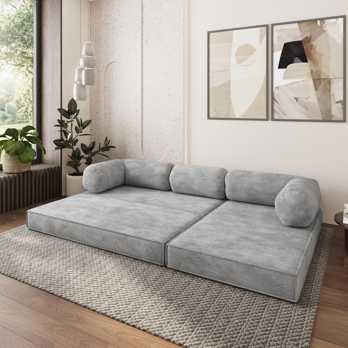 ECKSOFA ETERA modulares Boneless Sofa mit Schlaffunktion Hellgrau Kordstoff - Hellgrau, Textil (270/160cm) - MASSENO
