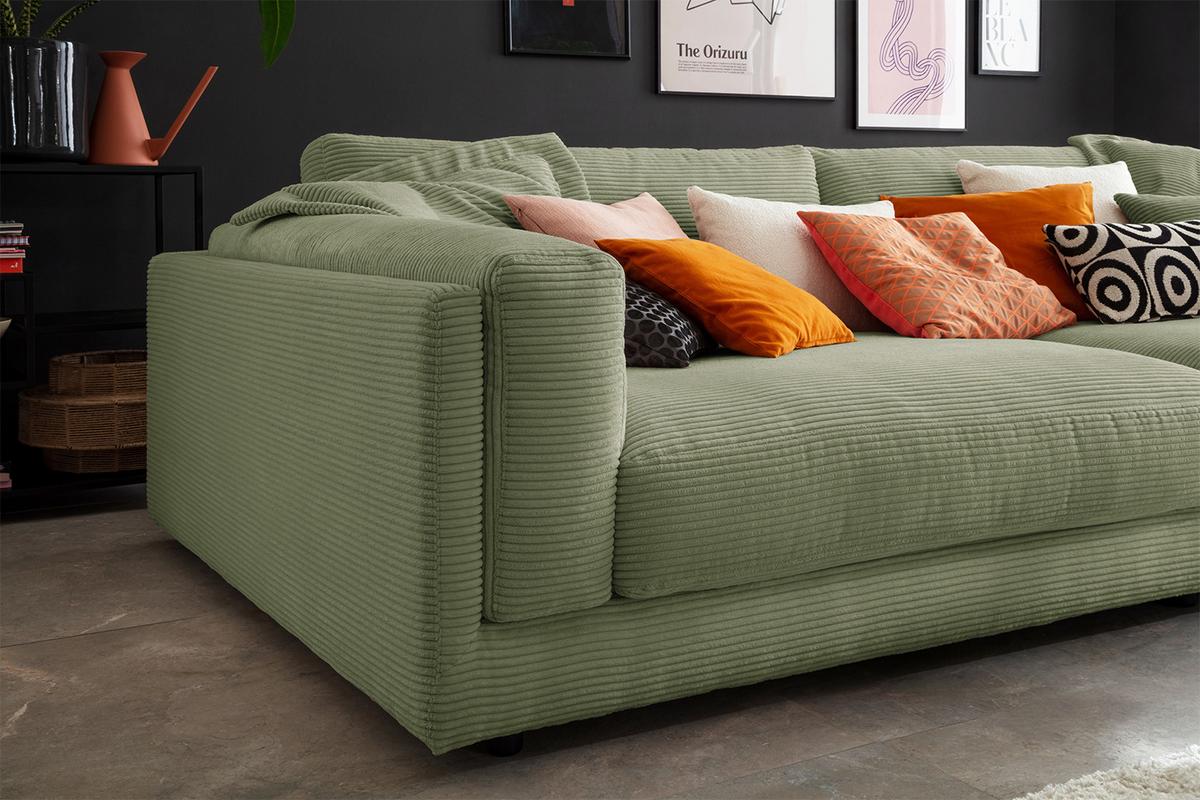 BIG SOFA RAINA Grün Cord - Schwarz/Olivgrün, Kunststoff/Textil (254/85/150cm) - KAWOLA