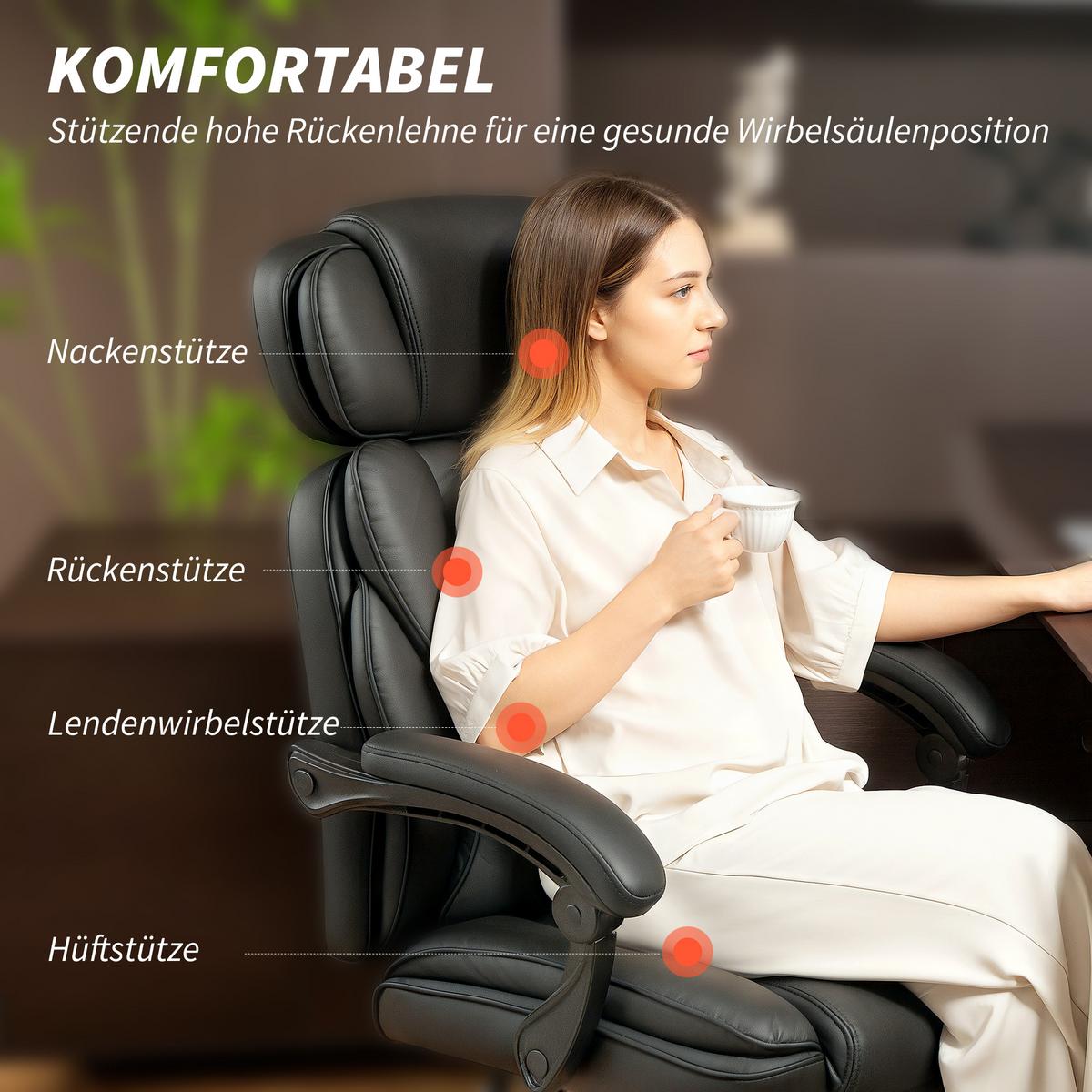 BÜROSTUHL mit verstellbarer Rückenlehne aus Stahl Schwarz - Schwarz, Leder/Metall (69/126/72cm) - HOMCOM