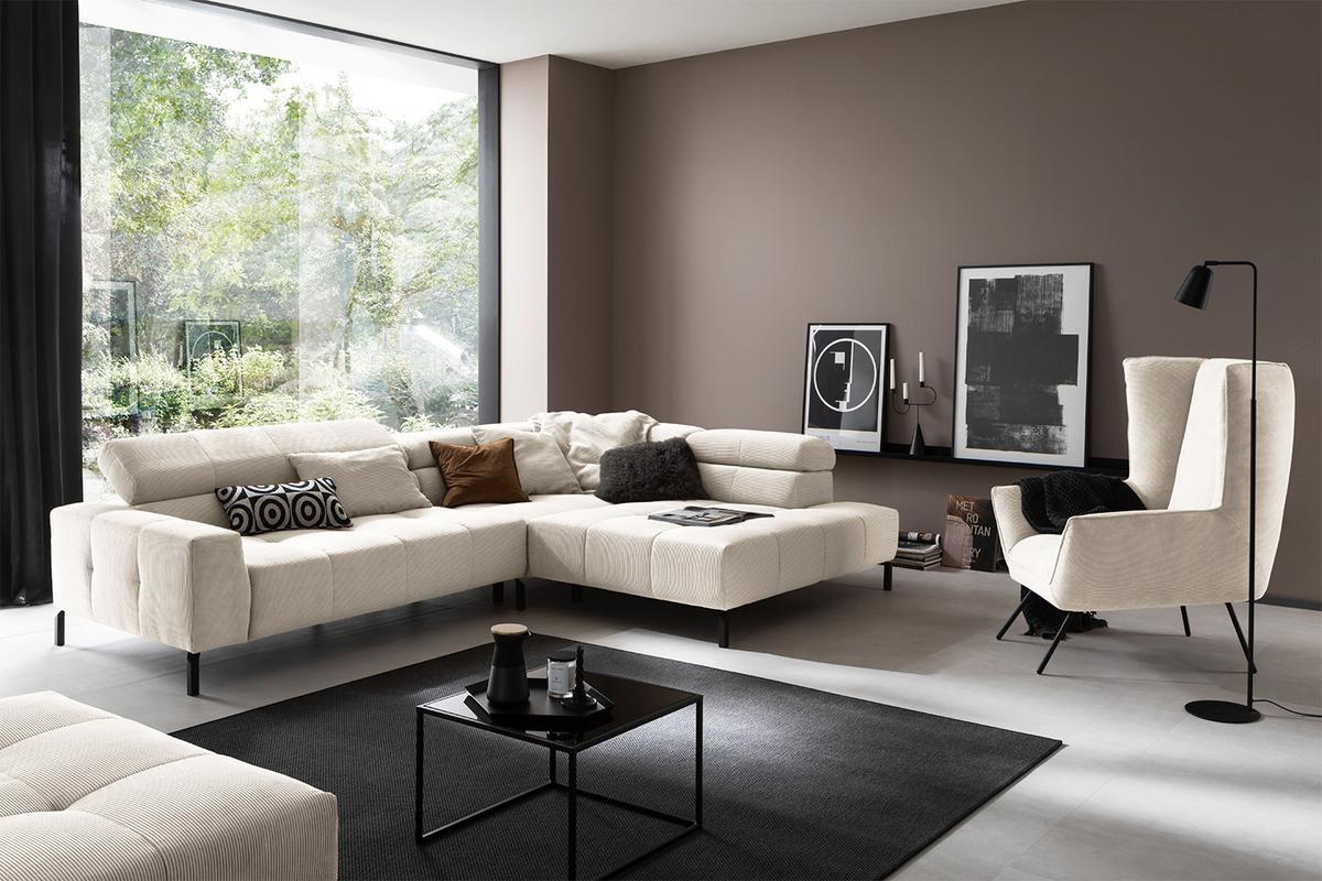 ECKSOFA MIT MOTORISCHEM SITZVORZUG OHIO Weiß Cord Relaxfunktion - Schwarz/Weiß, Textil/Metall (311/219cm) - KAWOLA