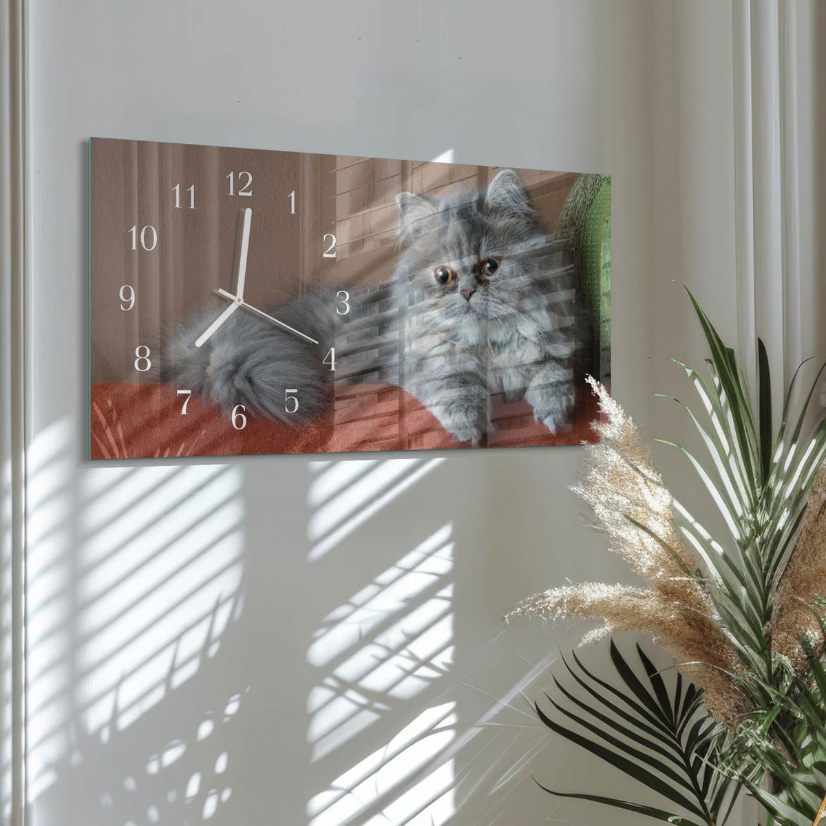 WANDUHR aus Glas 60x30 cm - Perserkatze - Grau, Glas (60/30/0.4cm) - TULUP