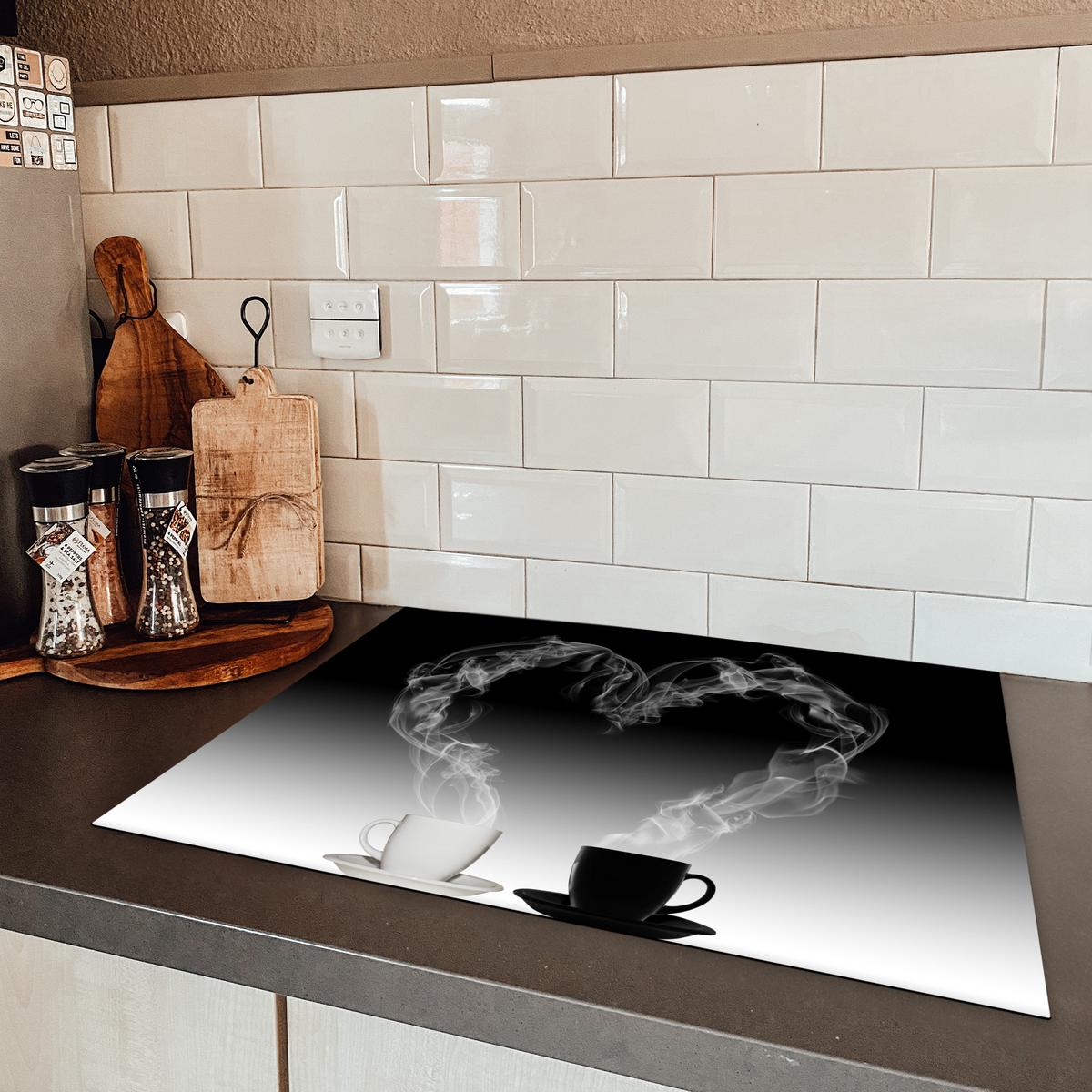 HERDABDECKPLATTE Kaffee - Herz - Schwarz und weiß - Tassen Induktionsmatte 71x52 cm - Weiß, Kunststoff (71/52/0.2cm) - MuchoWow