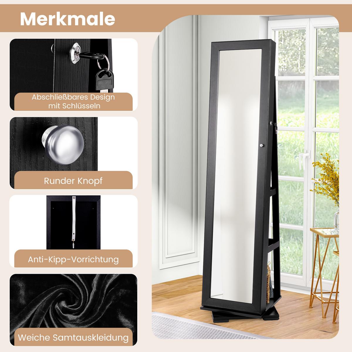 SCHMUCKSCHRANK 161cm Schwarz - Schwarz, Holz (39/161/39cm) - COSTWAY