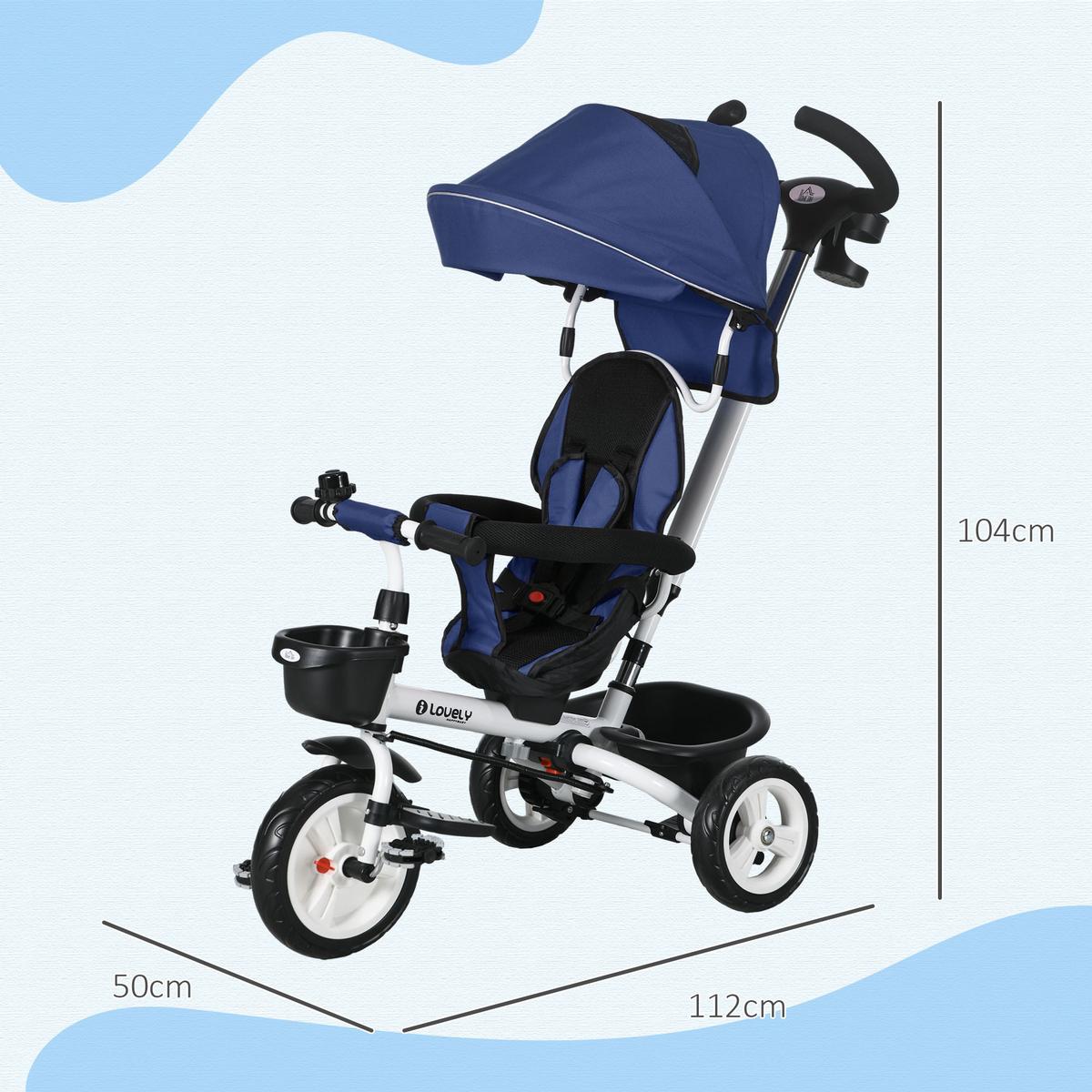 6 in 1 Dreirad mit Schubstange, Kinderdreirad mit Sicherheitsgurt, Sonnendach - Blau, Metall (112/50/104cm) - HOMCOM