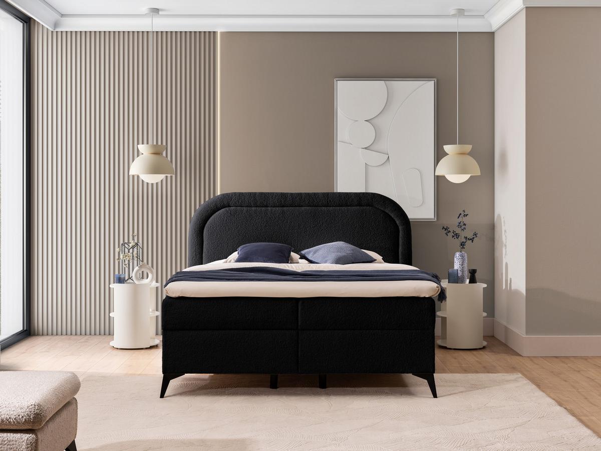 BOXBETT Sonna 200/200 cm Schwarz Bouclé-Stoff mit abgerundetem Kopfteil und mit schwarzen Metallfüßen - Schwarz, Holz/Textil (200/200cm) - S-Style Möbel