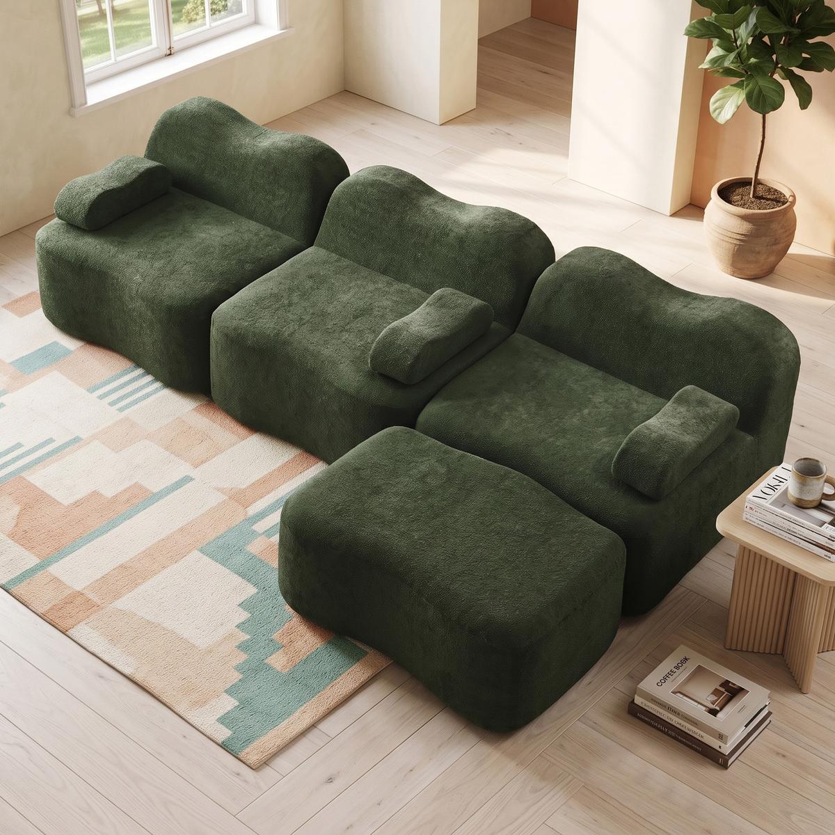 ECKSOFA L-Form Boneless Samt mit Ottoman - Grün, Textil (288/167cm) - Urban Meuble