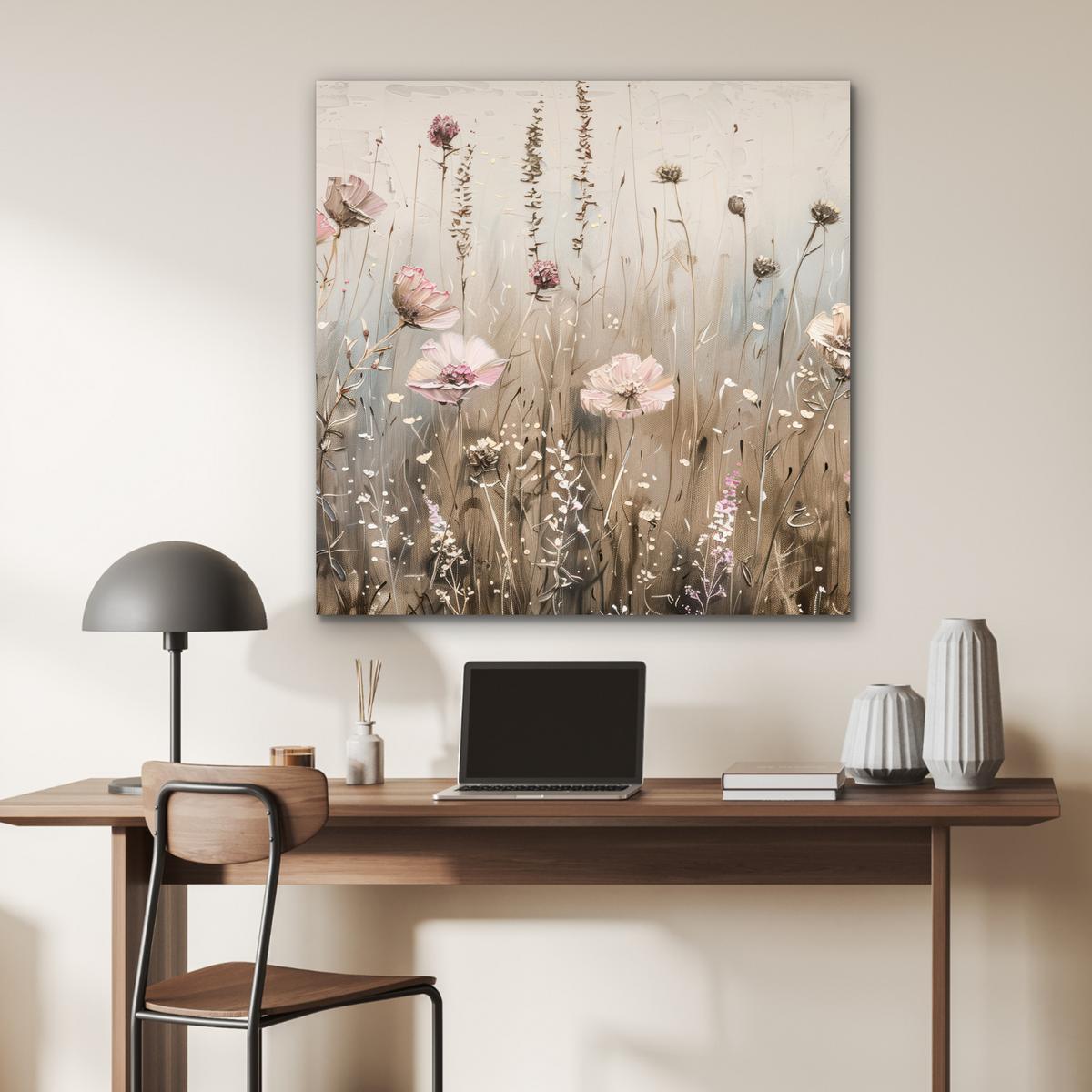 METALLBILD Blumen - Rosa - Modern - Beige 90x90 cm - Beige, Metall (90/90cm) - MuchoWow
