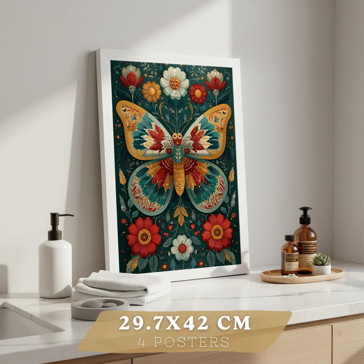 POSTER 4er-Set farbenfrohe Kunstdrucke im Folk-Art-Stil, Tiere und Blumen-Dekorationsbilder, im botanischen Stil für Wohnzimmer Rahmenlos A3 - Klar, Papier (42/29.7/3cm) - Nacnic
