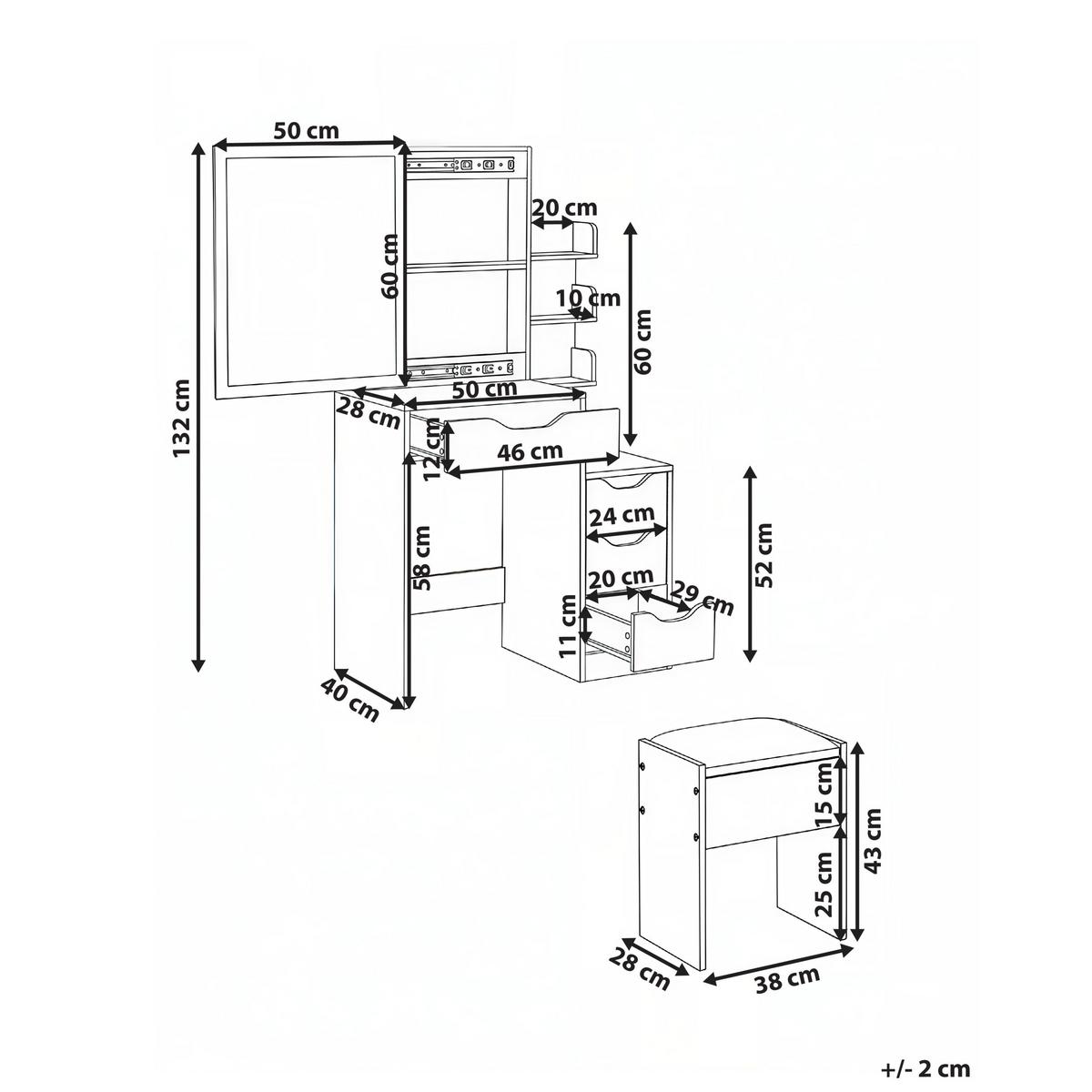 SCHMINKTISCH mit Spiegel und Hocker Weiß Gatineau - Weiß, Holzwerkstoff (76/132/40cm) - Beliani