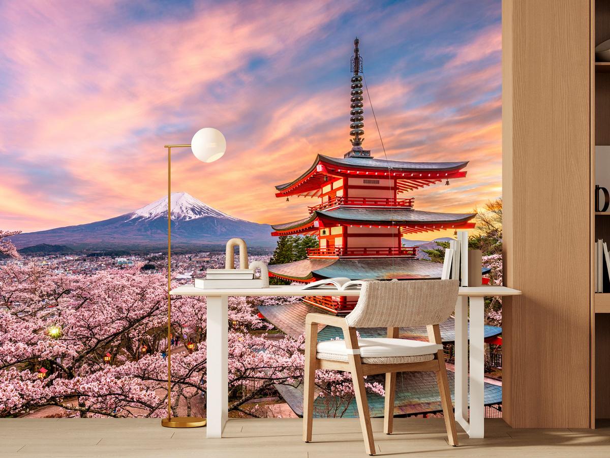 FOTOTAPETE für Wohnzimmer Japanische Pagode Frühling Sonnenuntergang 300x210 - Rot/Violett, Papier (300/210cm) - Muralo