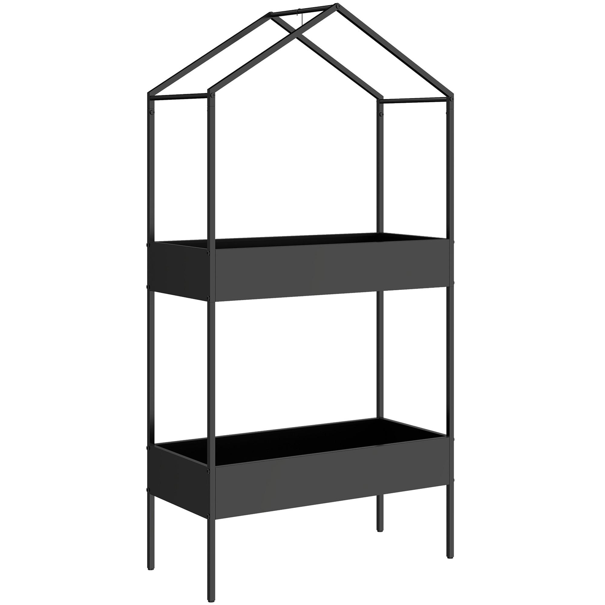 2-ETAGEN Pflanzenständer in Hausform, 150 cm hoch Blumenständer mit Haken - Schwarz, Kunststoff/Metall (35/150/75cm) - Outsunny