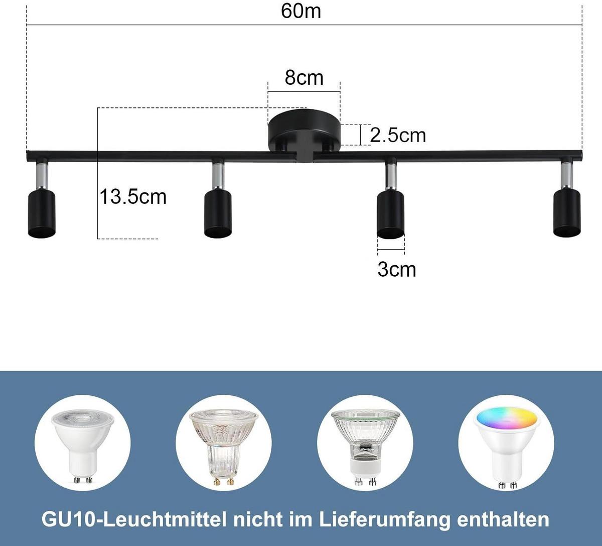 DECKENSTRAHLER Max 4-flammig 60/8/14 cm - Schwarz, Metall (60/8/14cm) - Nettlife