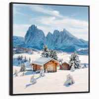 LEINWAND Bilder mit Rahmen - Winter - Hütte - Berge - Aussicht - Schnee - 90x90 - Eichefarben, Textil (90/90cm) - MuchoWow