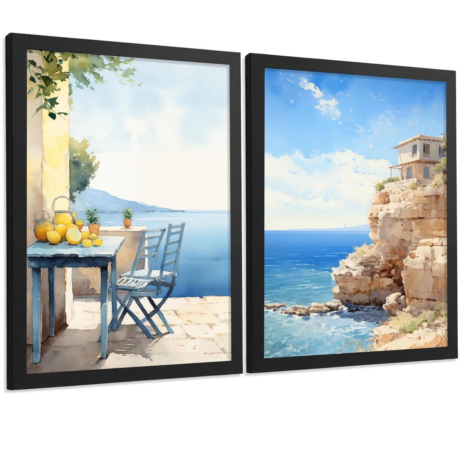 POSTER 3er Bilder-Set Wandbilder Strand Meer modern ohne Rahmen – Wohnzimmer Deko, Schlafzimmer, Küche, Badezimmer Schwarzer Rahmen A4 - Schwarz, Papier (29.7/1/21cm) - Nacnic