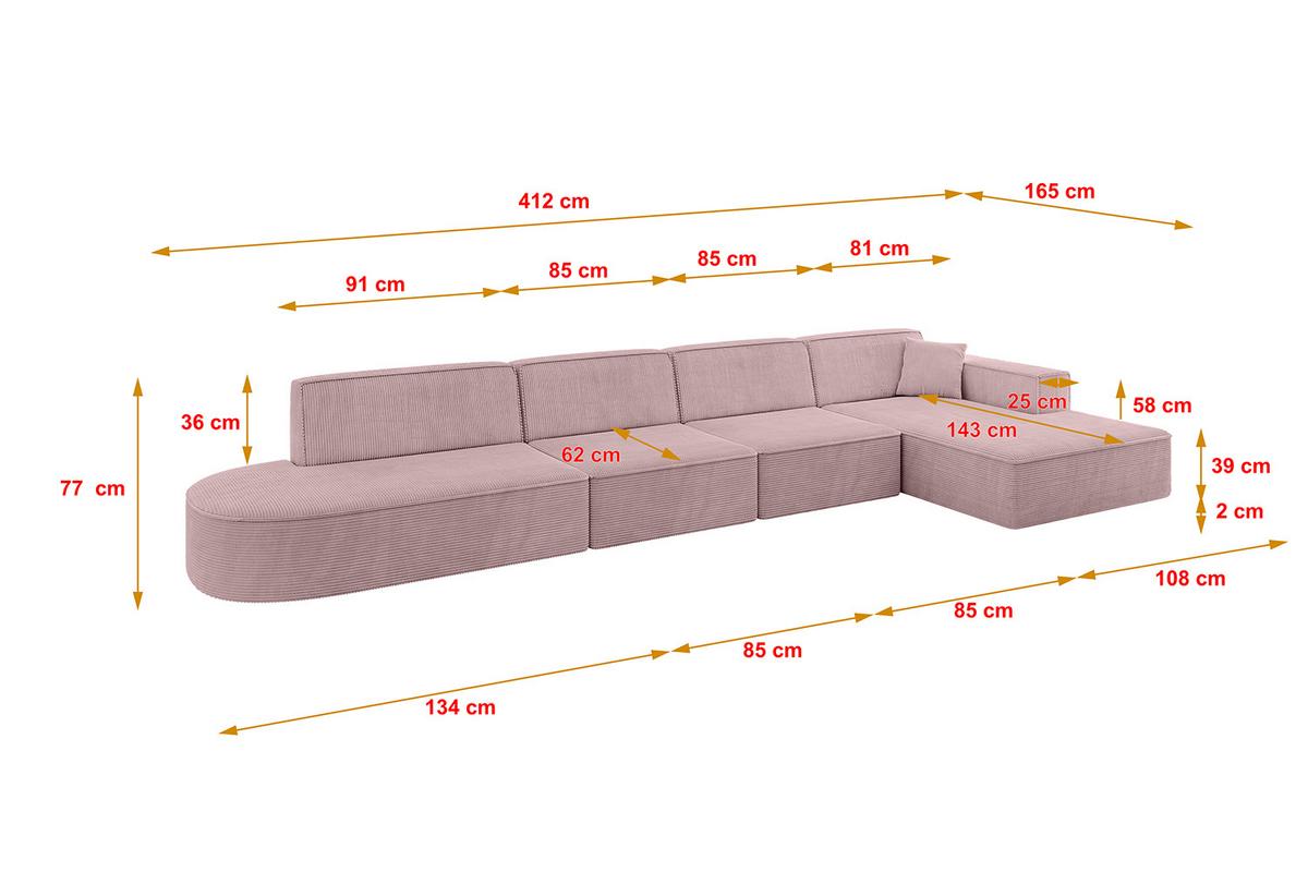 ECKSOFA Ottomane Rechts IREA-L3-v4 - 412x165x77 cm Rosa - Rosa, Holzwerkstoff/Textil (412/165cm) - ALTDECOR