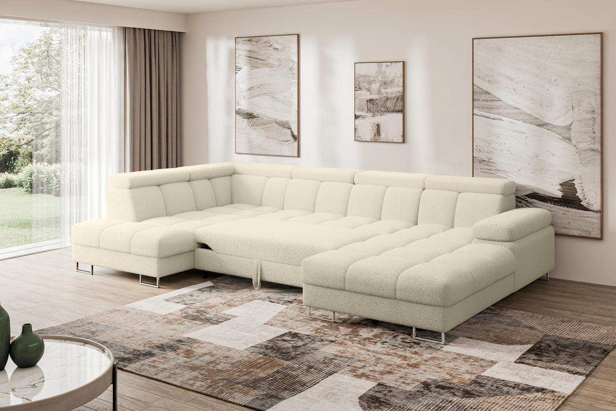 WOHNLANDSCHAFT mit Schlaffunktion und Bettkasten Ottomane Links COMA U 345x203x79 Beige Bouclé - Sandfarben, Holzwerkstoff/Textil (345/79/203cm) - ALTDECOR