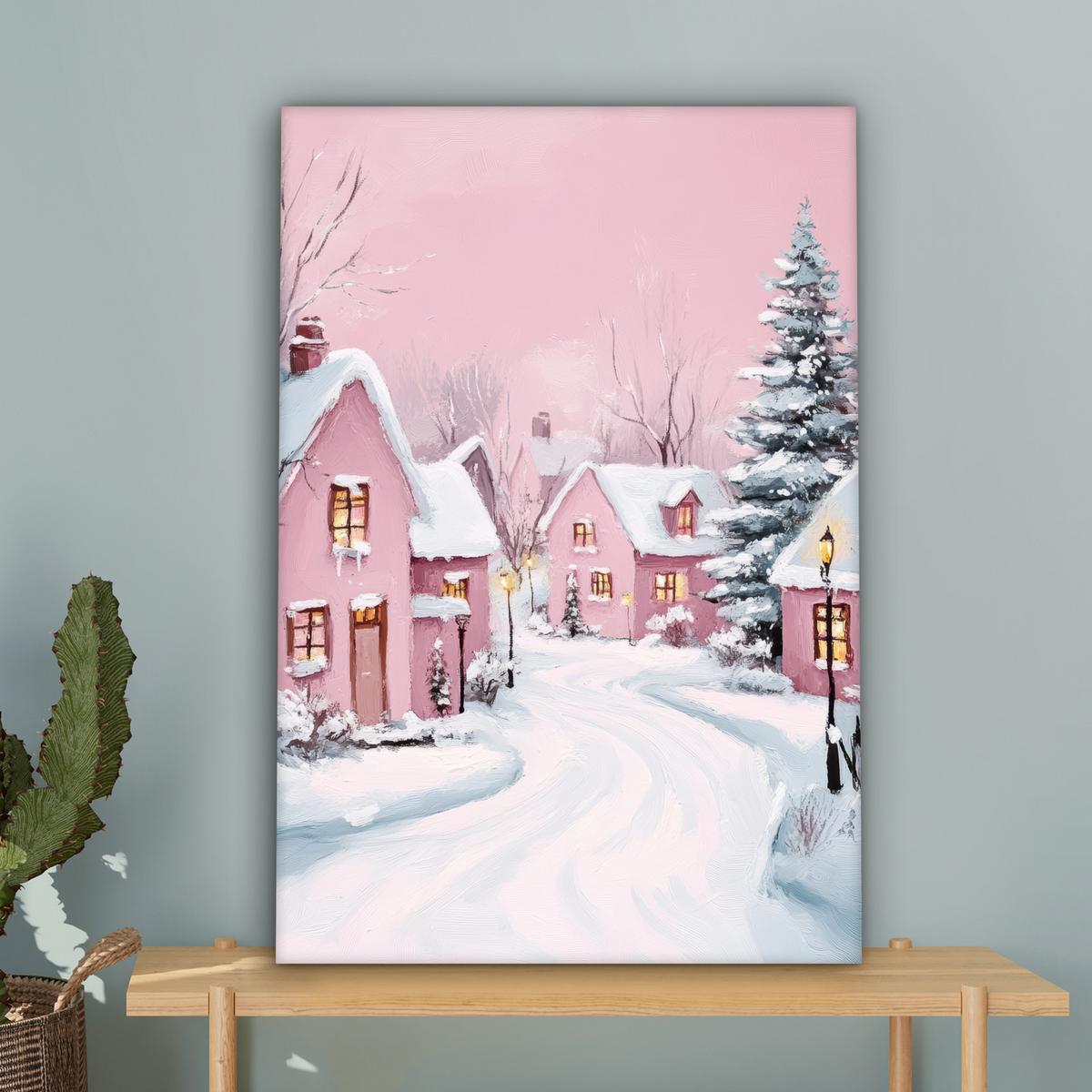 LEINWANDBILD Weihnachtsdorf - Rosa - Winter - Schnee - Häuser Wanddeko Schlafzimmer 60x90 cm - Altrosa, Textil (60/90cm) - MuchoWow