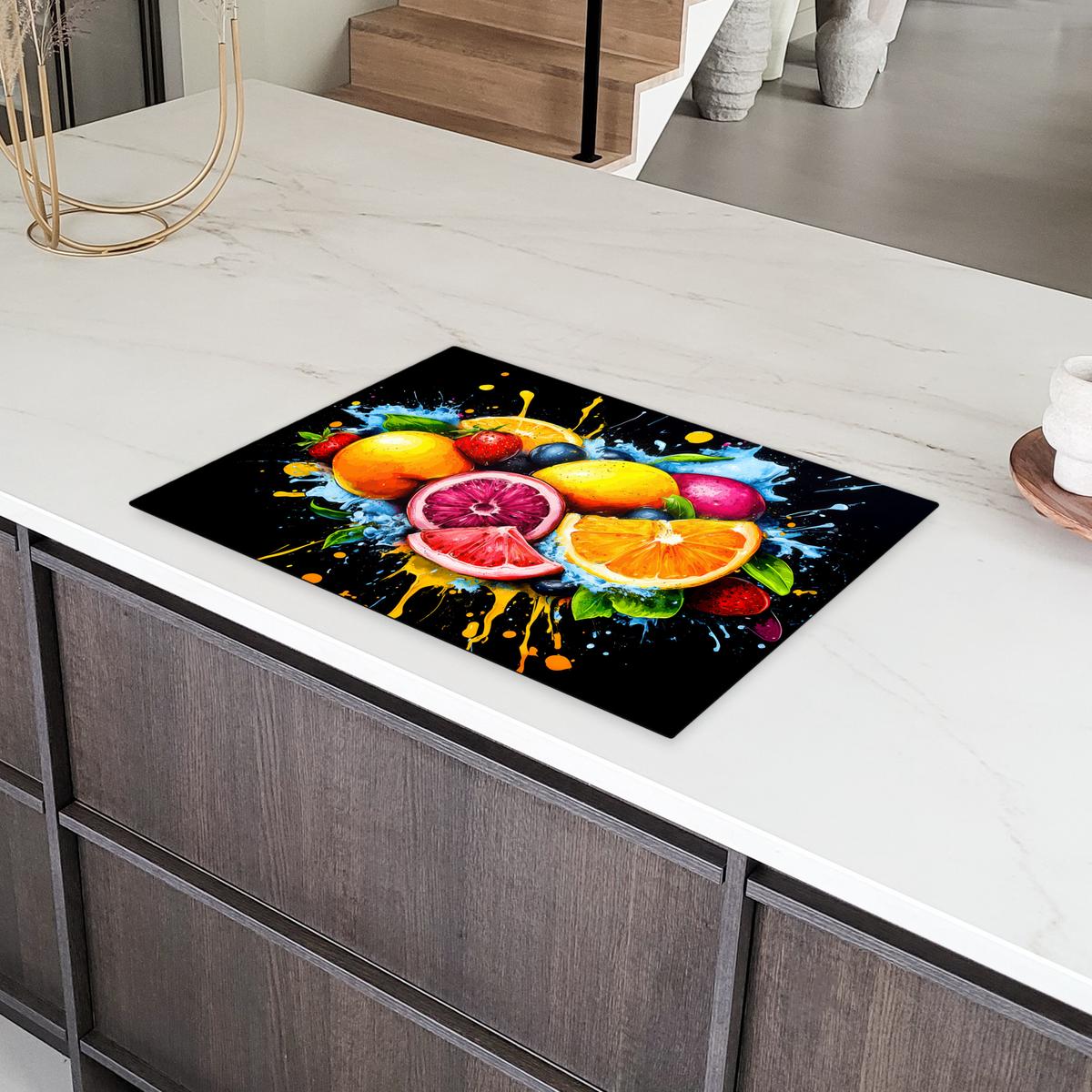 HERDABDECKPLATTE Obst - Graffiti - Bunt - Orange - Erdbeere - Abstrakt Herdabdeckung Induktionsfeld 75x52 cm - Orange, Kunststoff (75/52/0.2cm) - MuchoWow