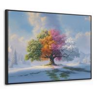 LEINWAND Bilder mit Rahmen - Baum - Jahreszeiten - Winter - Landschaft - 80x60 - Multicolor, Textil (80/60cm) - MuchoWow
