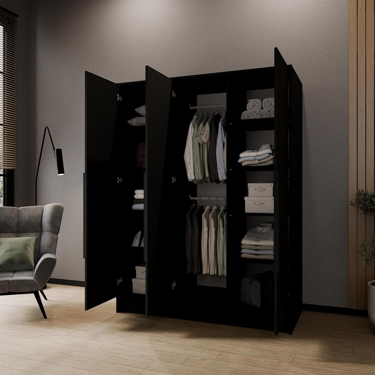 DREHTÜRENSCHRANK Pavia ohne Spiegel, Schwarz mit mit schwarzen Griffen, 150 cm - Schwarz, Holzwerkstoff (150/200/51cm) - Beautysofa