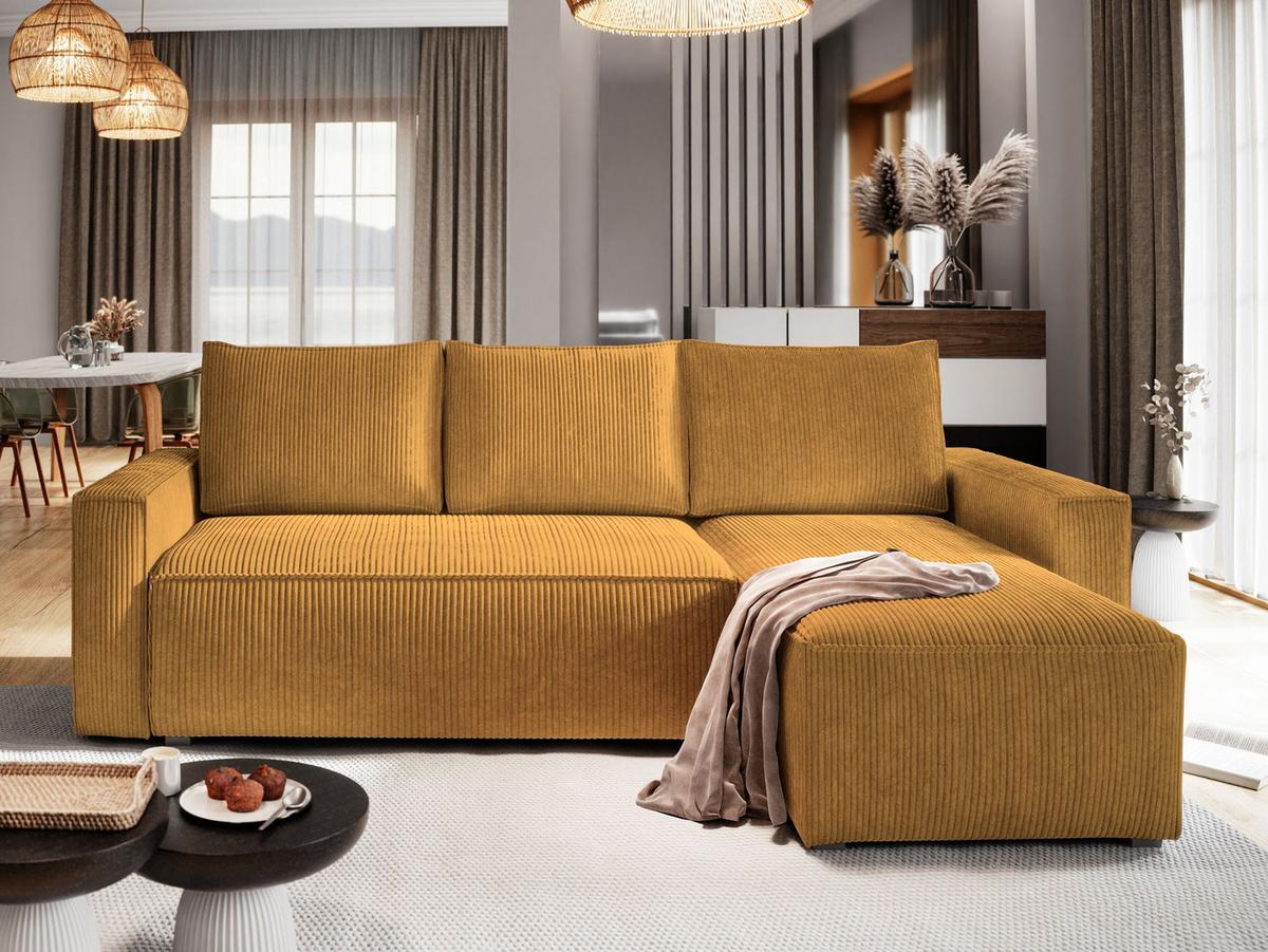 ECKSOFA POTARO Gelb Kordstoff mit Schlaffunktion - Gelb/Grau, Holz/Kunststoff (232/140cm) - MASSENO