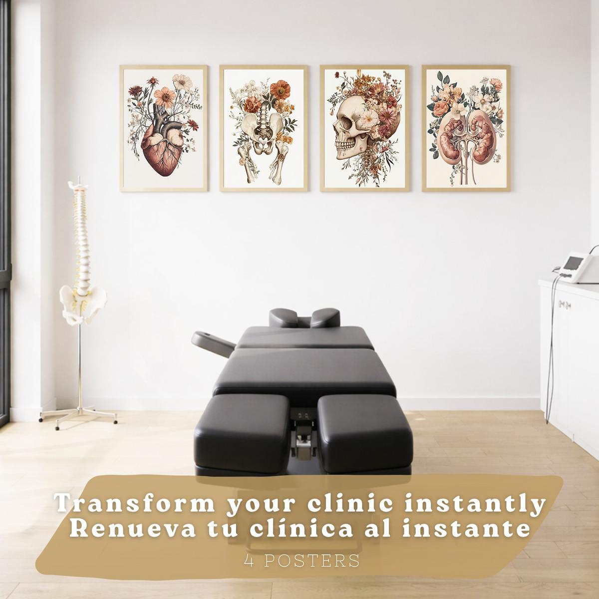 POSTER Set aus 4 Anatomie Drucke und Wandbilder mit Herz Nieren Schädel und Becken Botanischer Stil Wanddekoration Größe Leichter Holzrahmen A3 - Beige, Papier (29.7/42/3cm) - Nacnic