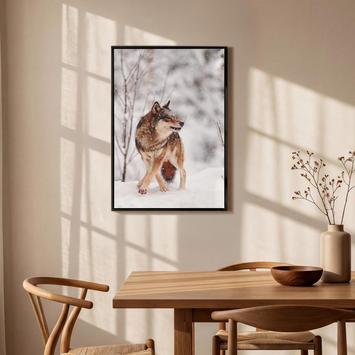 LEINWAND Bilder mit Rahmen - Wolf - Winter - Schnee - Natur - Tiere - 60x90 - Haselnussfarben, Textil (60/90cm) - MuchoWow