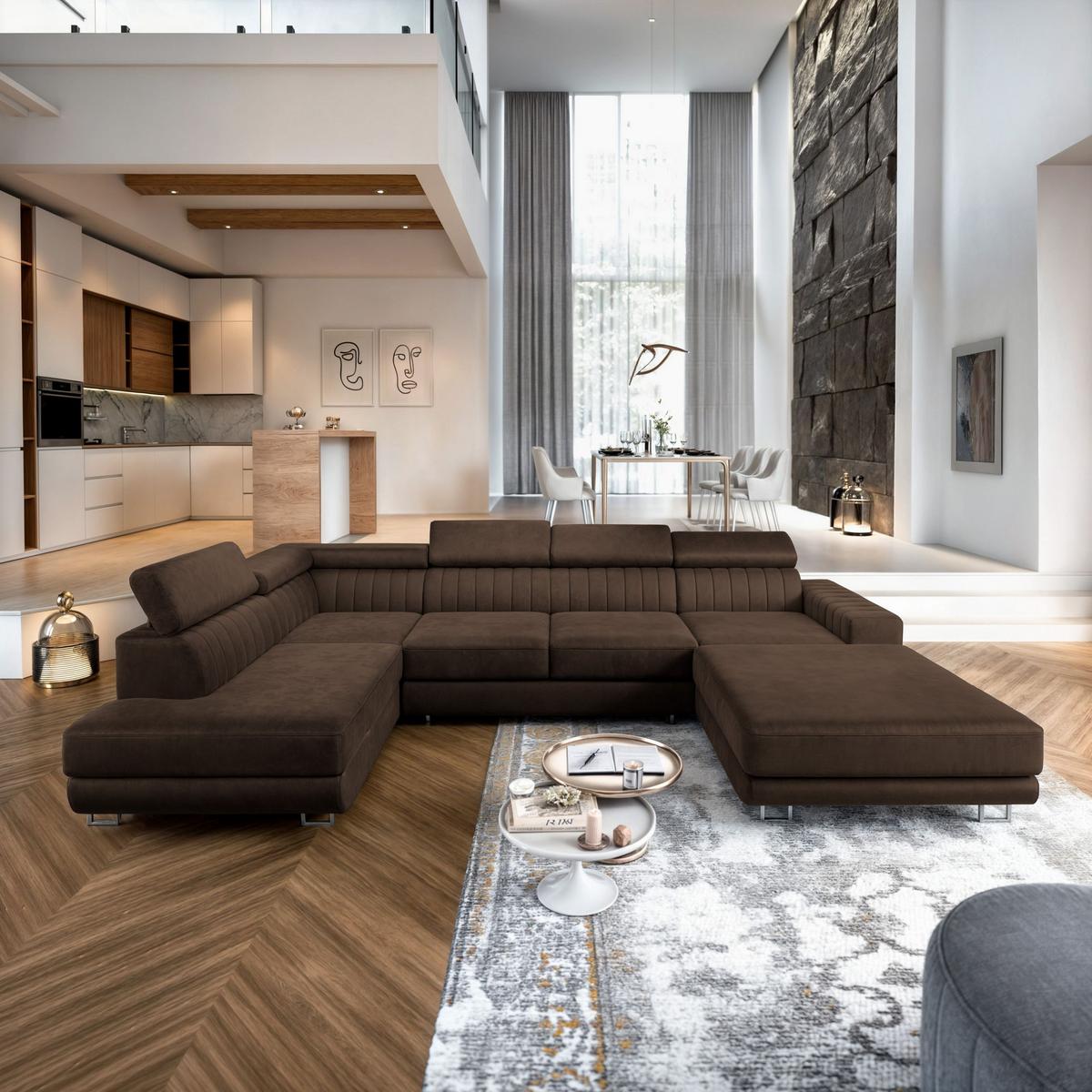 WOHNLANDSCHAFT SIENA R-S Braun Velours-Stoff mit Schlaffunktion - Silberfarben/Braun, Holz/Textil (335/89/190cm) - MASSENO
