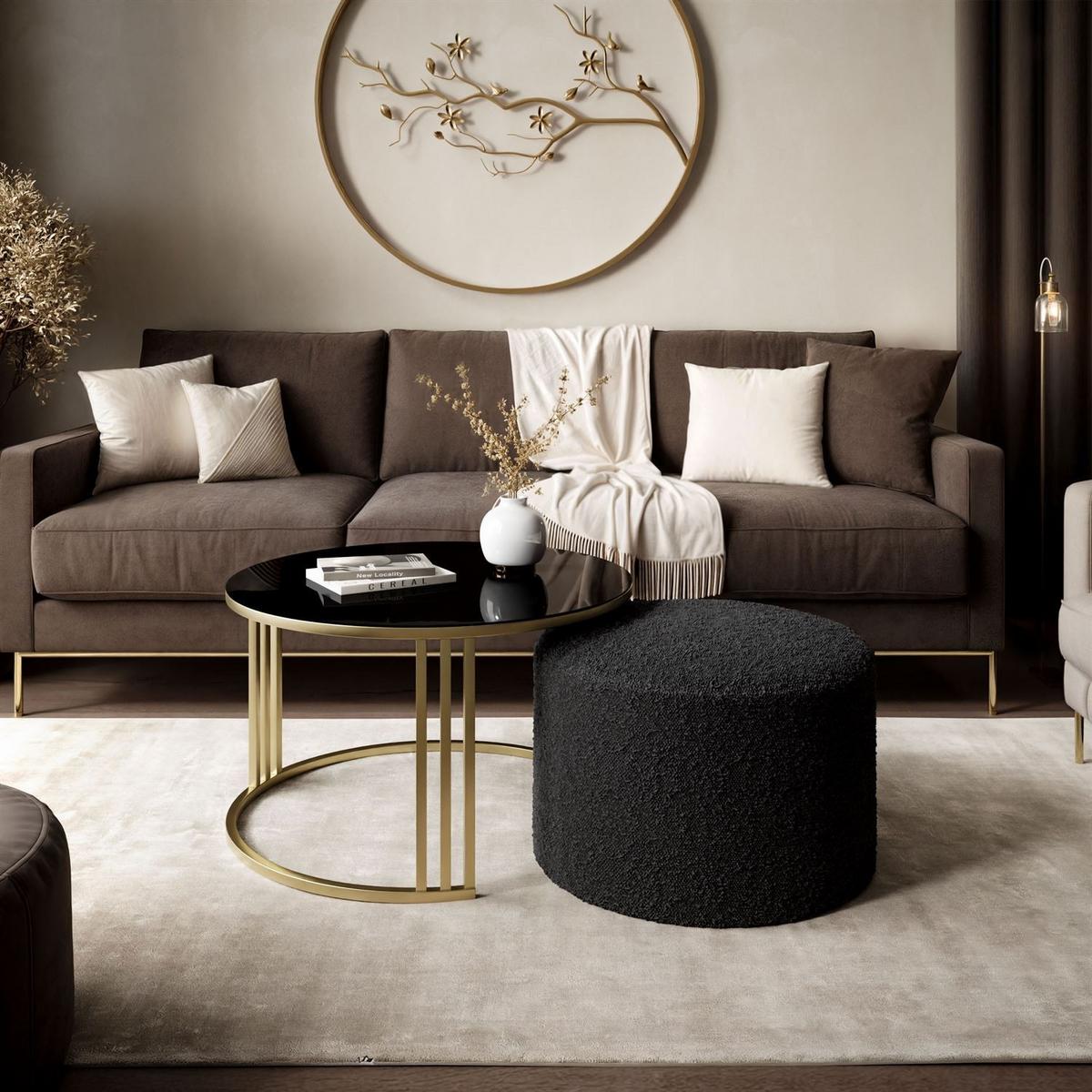 COUCHTISCH mit Hocker LORI GLASS gebürstetes Gold/schwarzes Glas/Coral 60 - Schwarz, Metall (70/70/49cm) - Lookway