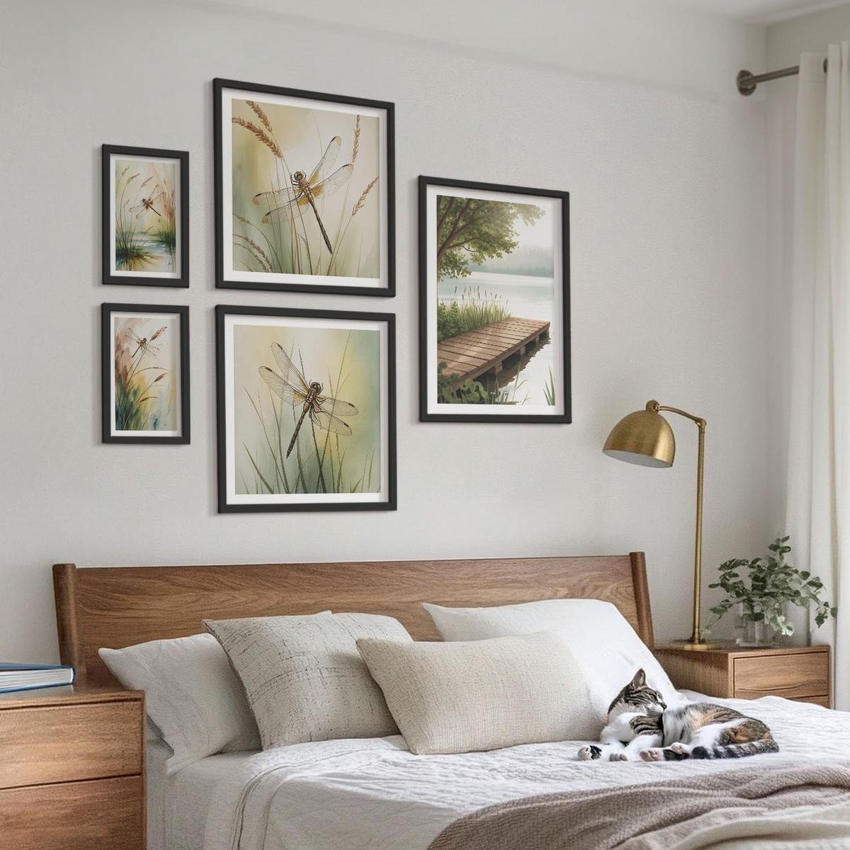 BILDER SET 5er Set - 50x50 cm & 20x30 cm & 40x60 cm Schwarzer Rahmen - Libellengräser über dem Wasser - Schwarz, Kunststoff (40/60cm) - TULUP
